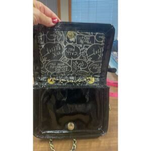 Betsey Johnson Black Patent Bow Purse with Gold Accents – Glam Crossbody Bag